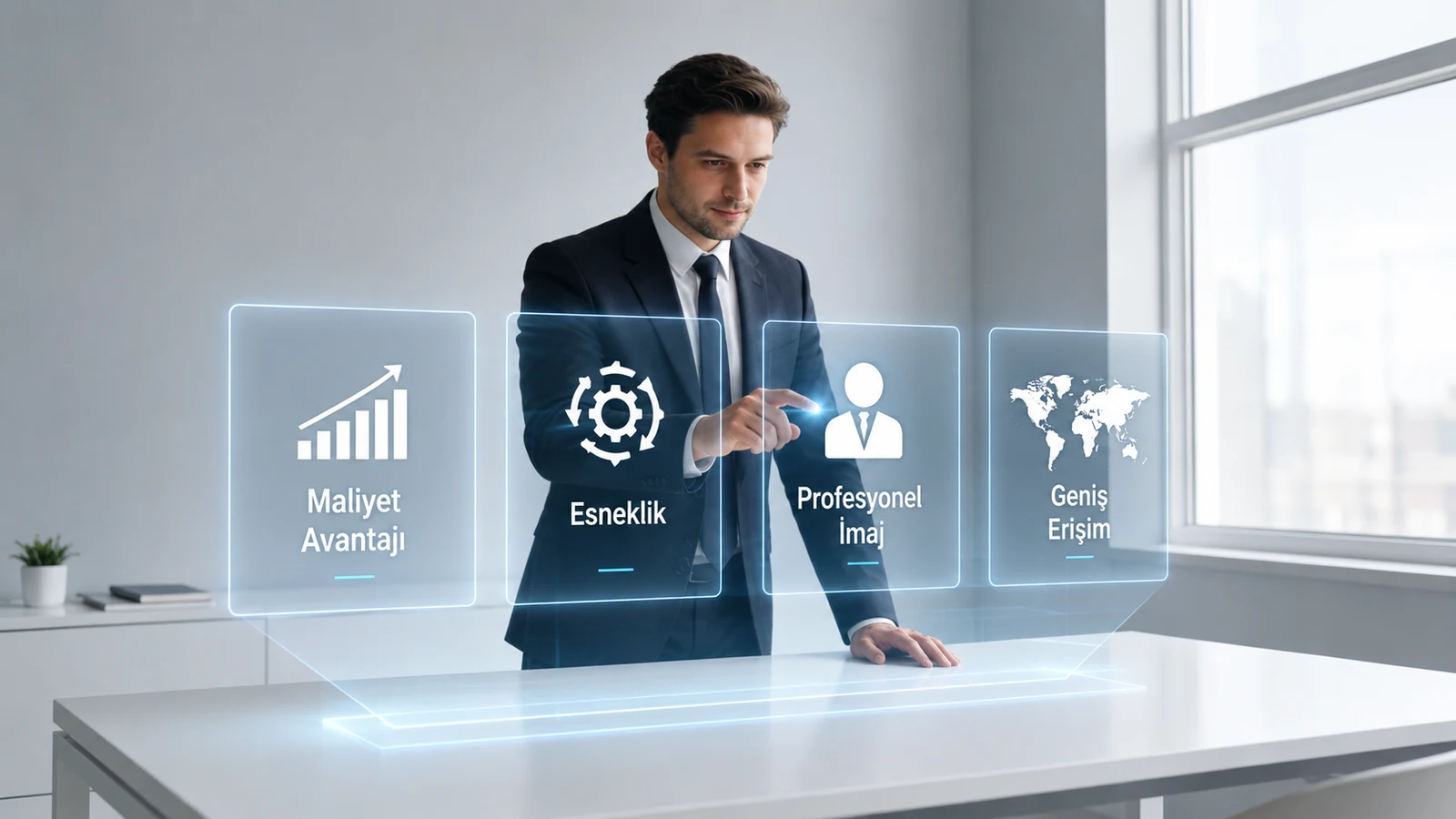 Sanal ofis kiralamanın maliyet avantajı, esneklik, profesyonel imaj ve geniş erişim gibi iş faydalarını gösteren dijital panel görseli.