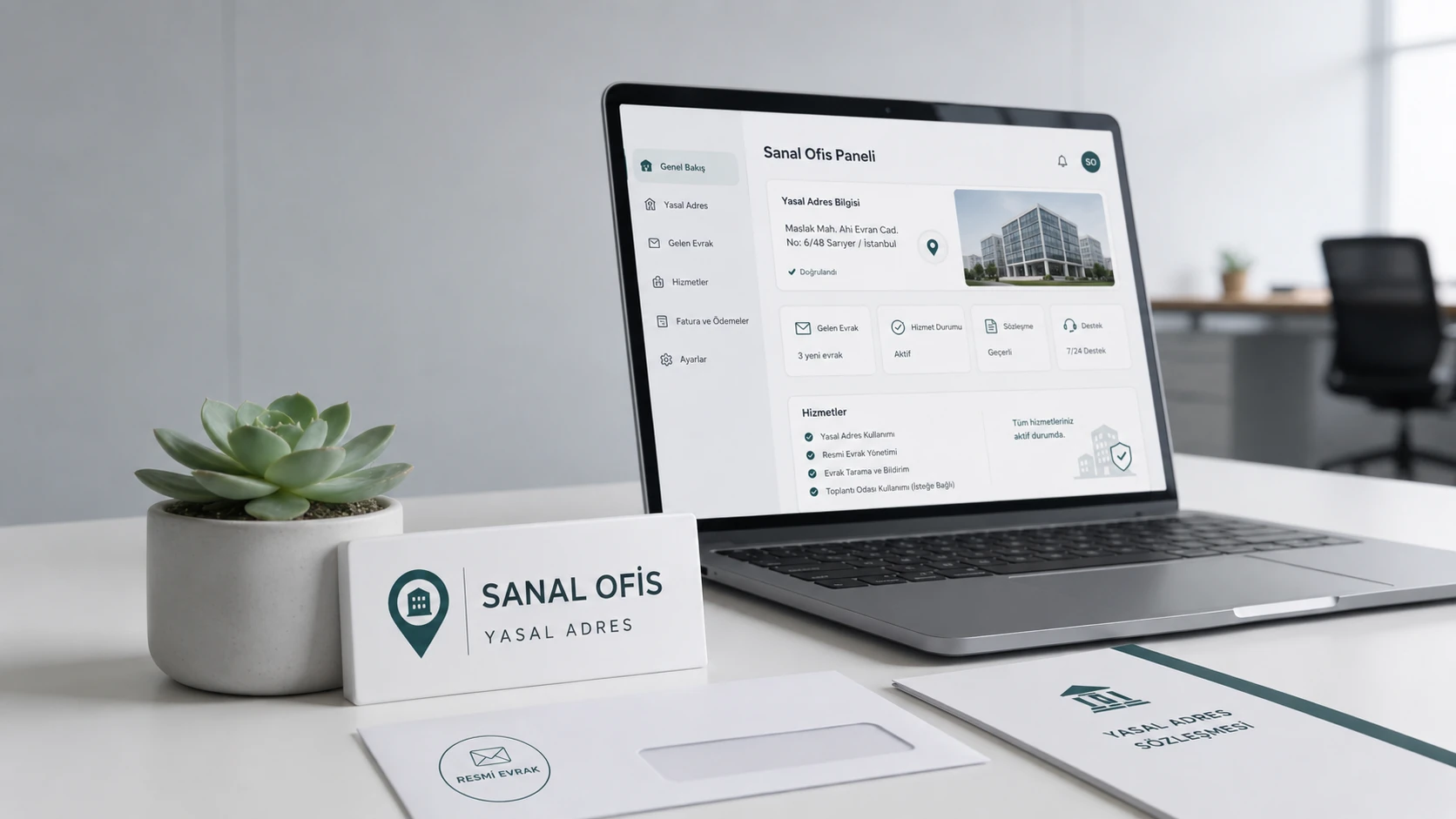 Sanal ofis paneli üzerinden yasal adres, gelen evrak ve sözleşme bilgilerini gösteren online şirket kurma görseli
