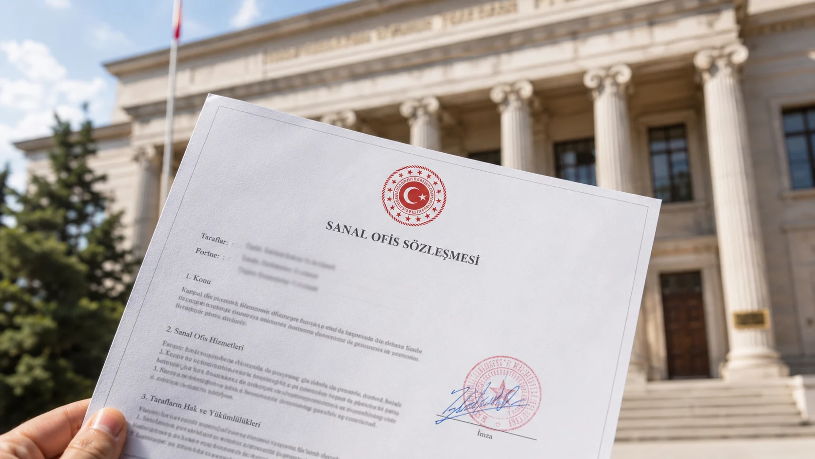 Resmi kurum binası önünde tutulan sanal ofis sözleşmesi, şirket kuruluşu ve yasal adres sürecini temsil ediyor