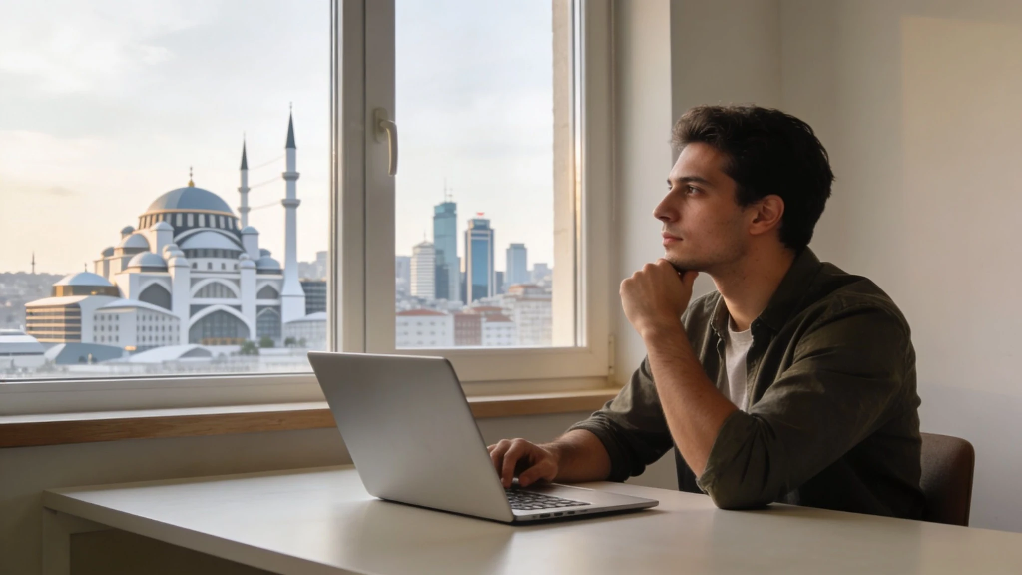 Şirket adresi kiralama sürecini araştıran girişimci, dizüstü bilgisayarıyla ofiste çalışırken İstanbul manzarasına bakıyor.