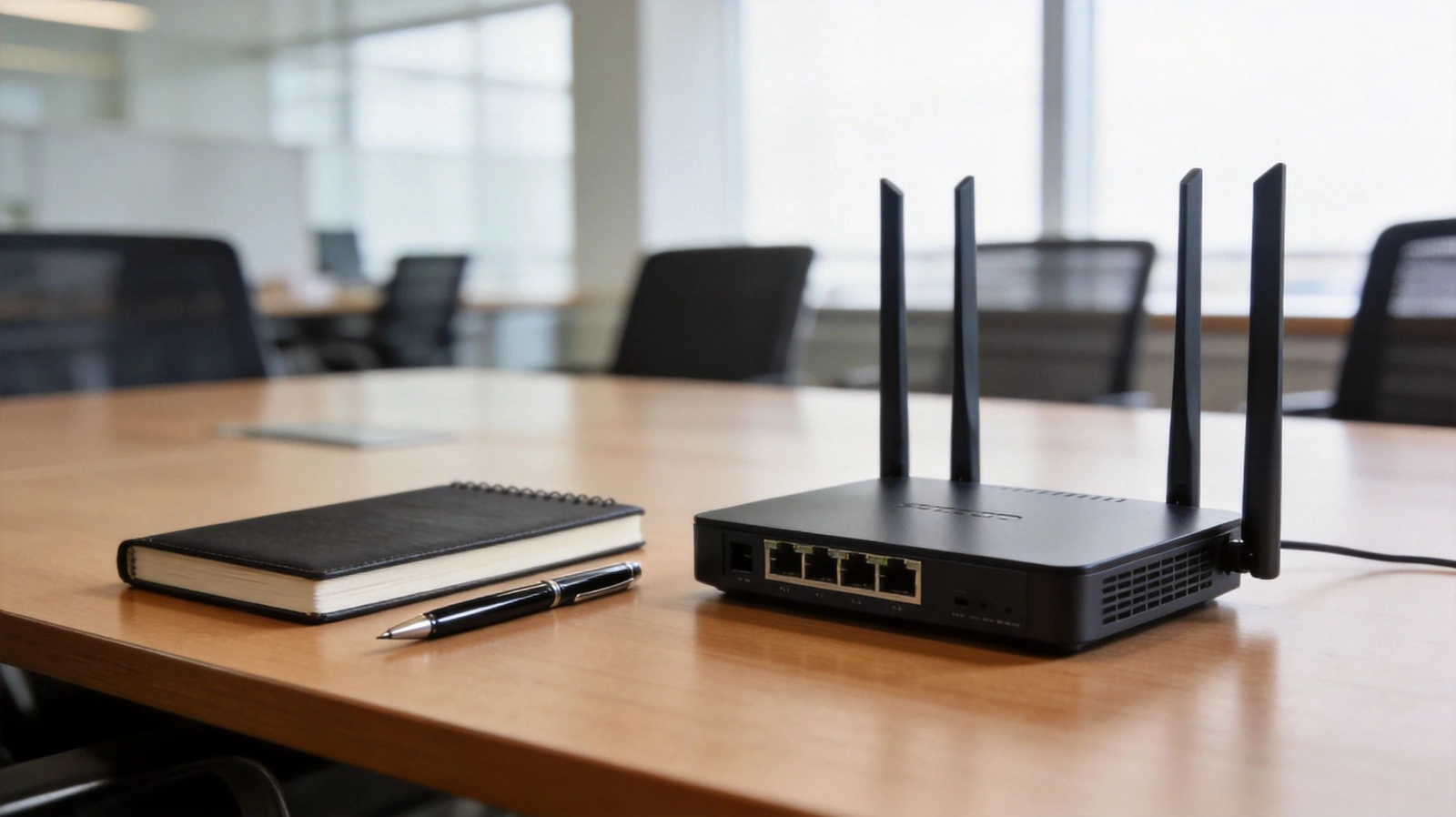 Coworking alanında internet altyapısını temsil eden kablosuz modem, not defteri ve kalem bulunan toplantı masası