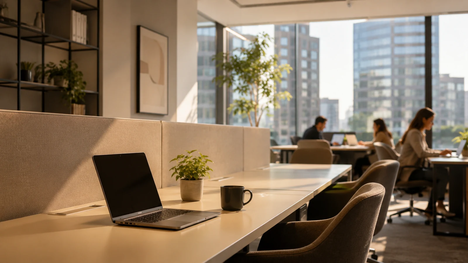 İstanbul’da modern bir coworking alanında dizüstü bilgisayarla çalışmaya hazır masa ve arka planda çalışan profesyoneller