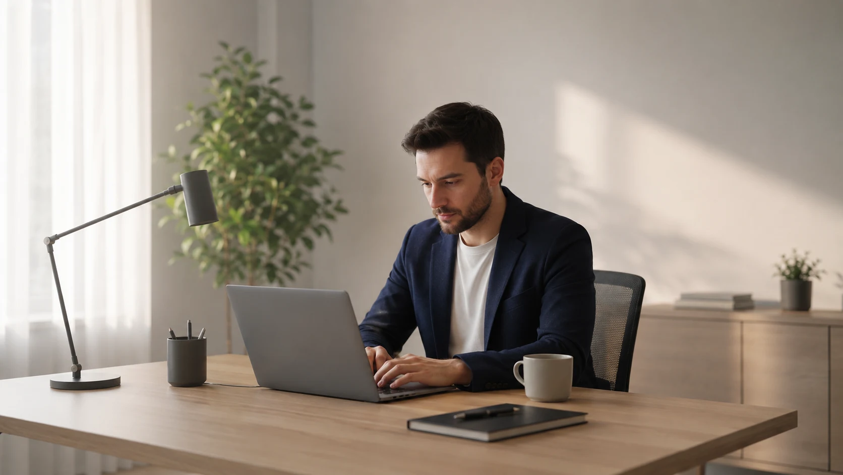 Hazır ofis ortamında laptopuyla çalışan profesyonel, modern ve kullanıma hazır çalışma alanı örneği.