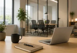 Modern hazır ofis ortamında laptop, toplantı odası ve çalışma masasıyla profesyonel ofis kiralama çözümünü gösteren görsel.