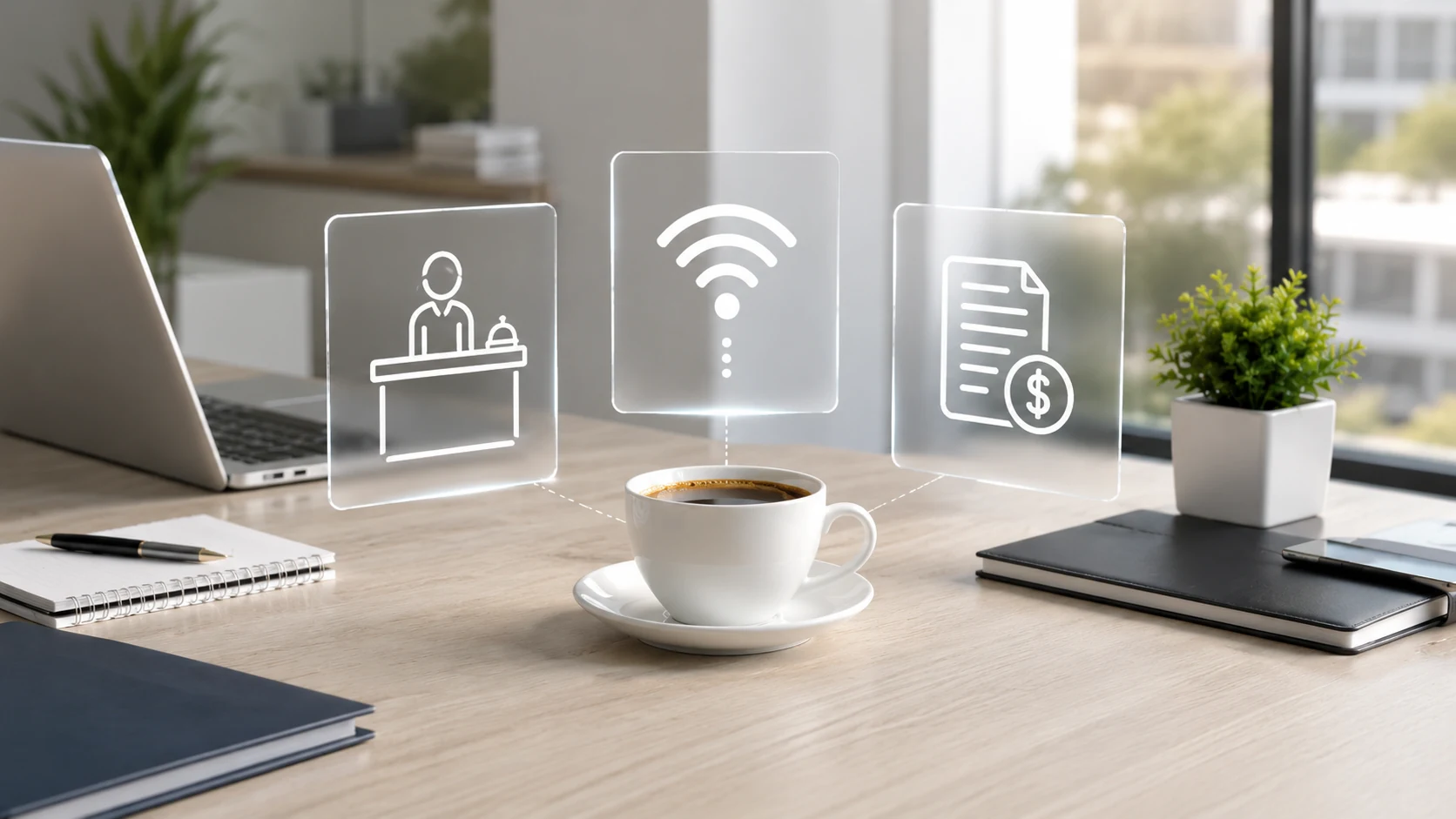 Hazır ofis paketlerinde yer alan resepsiyon, internet ve fatura gibi hizmetleri temsil eden modern ofis masası görseli.
