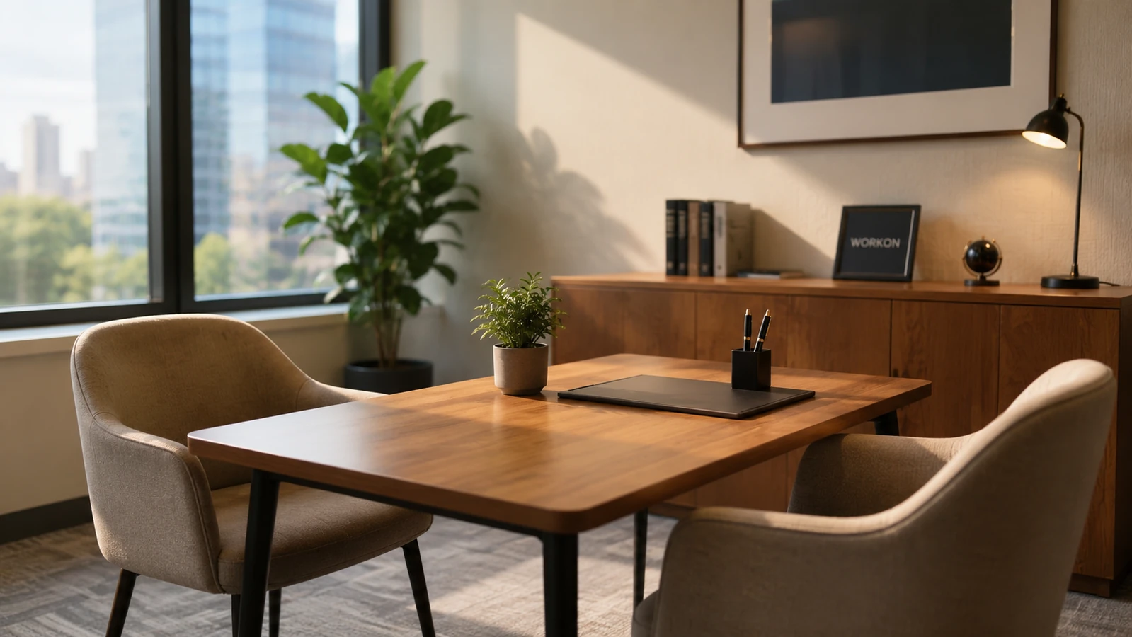Hazır ofis seçimi ve pazarlık sürecini anlatan modern toplantı masası, koltuklar ve ofis iç mekanı görseli