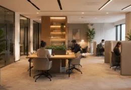 İstanbul’da modern bir coworking alanında ortak masalarda ve özel çalışma bölümlerinde çalışan profesyoneller