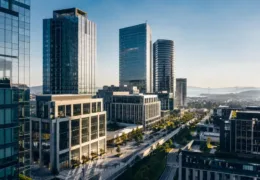 İstanbul iş merkezleri bölgesinde modern cam cepheli ofis kuleleri ve kurumsal iş yaşamını yansıtan şehir manzarası