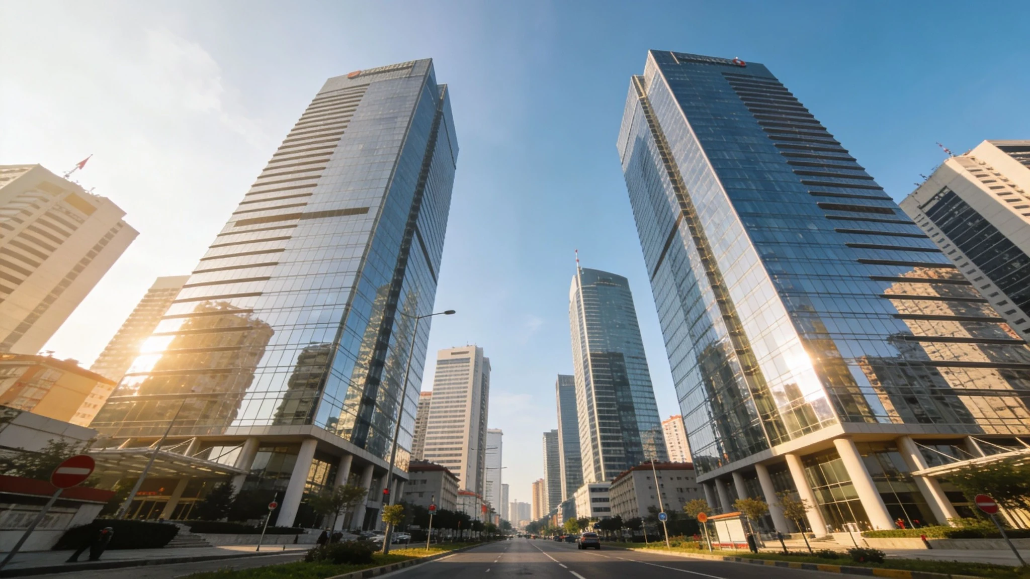 İstanbul’da modern iş merkezleri ve cam cepheli ofis kuleleri arasında uzanan geniş cadde görünümü