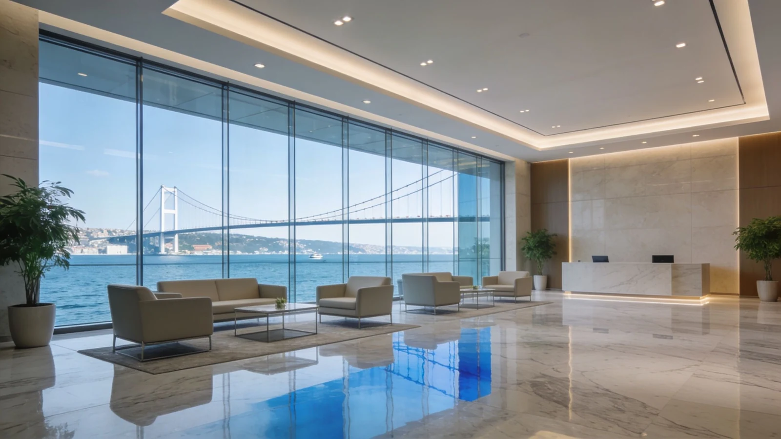 Boğaz ve köprü manzarasına sahip modern bir İstanbul iş merkezinin geniş ve kurumsal ofis lobisi