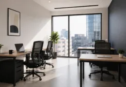 Mobilyalı ofis kiralama için şehir manzaralı, çalışmaya hazır modern ofis alanı