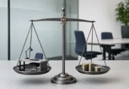 Modern bir paylaşımlı ofiste masa ile para yığınlarını terazide karşılaştıran, paylaşımlı ofis fiyatlarını simgeleyen görsel.