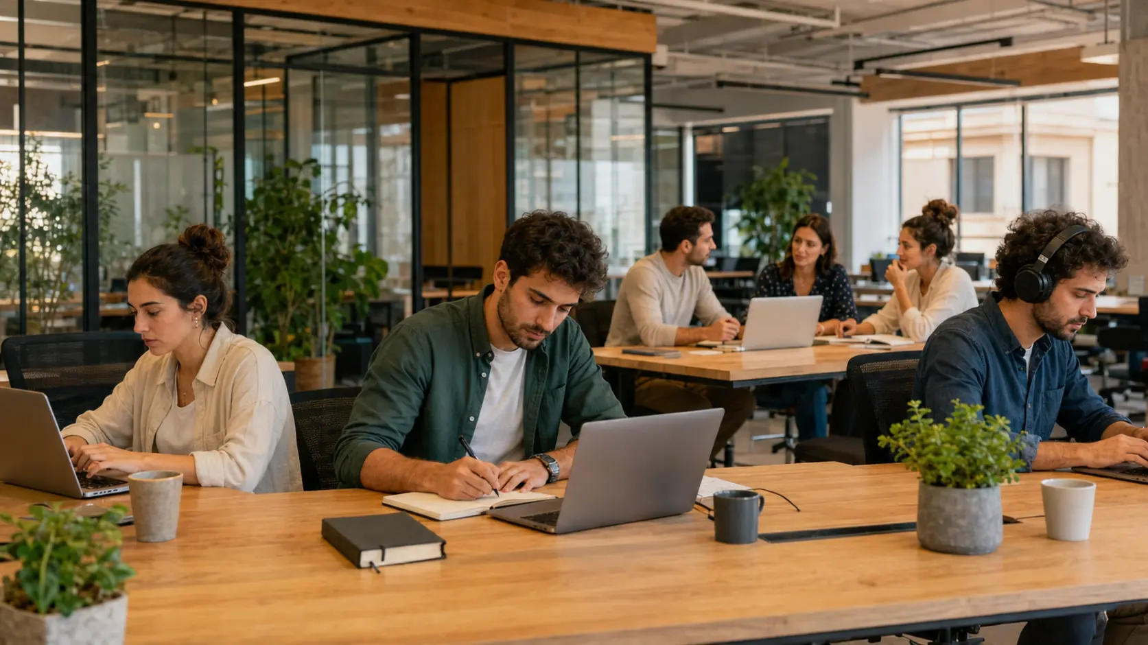 Modern bir paylaşımlı ofiste bireysel çalışan profesyoneller ve birlikte toplantı yapan küçük ekip