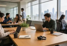 Modern bir paylaşımlı ofis alanında dizüstü bilgisayarlarıyla çalışan ve toplantı yapan profesyoneller