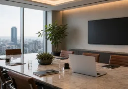 Şehir manzaralı, ekran ve dizüstü bilgisayarla donatılmış modern saatlik toplantı odası.