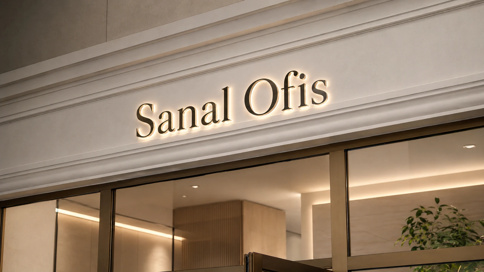 Sanal ofis hizmetini temsil eden, modern ofis girişinde yer alan aydınlatmalı sanal ofis tabelası