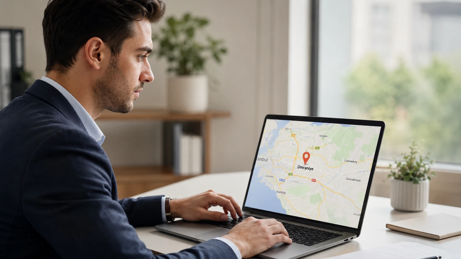 Ümraniye sanal ofis lokasyonunu harita üzerinden inceleyen iş insanı ve profesyonel ofis çalışma ortamı