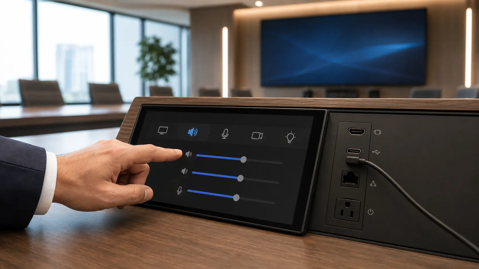 Modern bir toplantı odasında dokunmatik panel üzerinden ses ayarı yapan kişi ve ekran bağlantı noktaları.