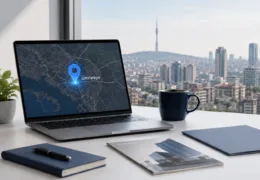 Ümraniye sanal ofis lokasyonunu gösteren harita ekranı ve İstanbul iş merkezi manzaralı profesyonel çalışma masası
