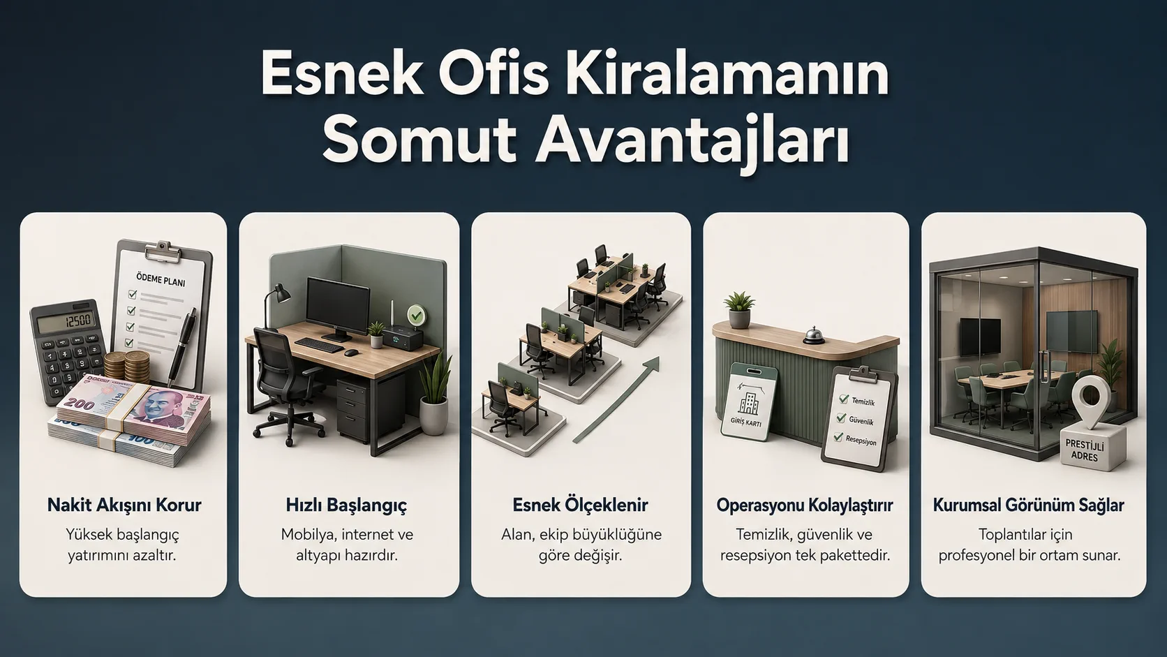 Nakit akışını koruma, hızlı başlangıç, esnek ölçeklenme, operasyon kolaylığı ve kurumsal görünüm sağlayan esnek ofis avantajları