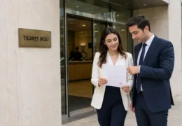 Ticaret sicili binası önünde limited şirket kuruluş belgesini inceleyen iki genç girişimci