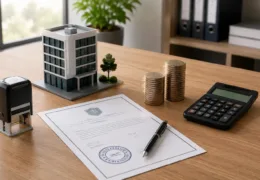 Şirket kuruluş maliyetini temsil eden ofis binası maketi, resmi evrak, mühür, madeni paralar ve hesap makinesi
