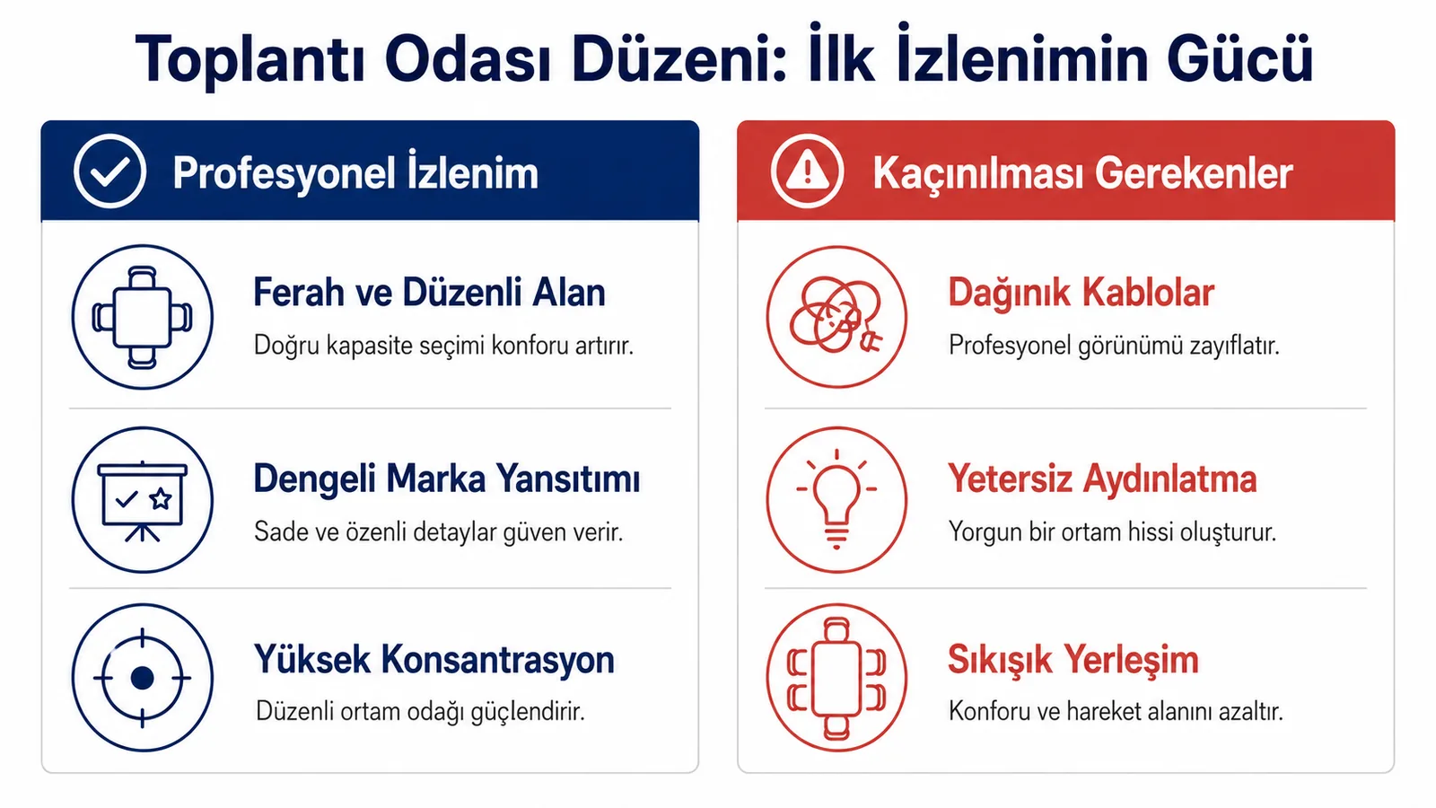 Profesyonel ilk izlenim için doğru toplantı odası düzenini ve kaçınılması gereken yerleşim hatalarını karşılaştıran infografik