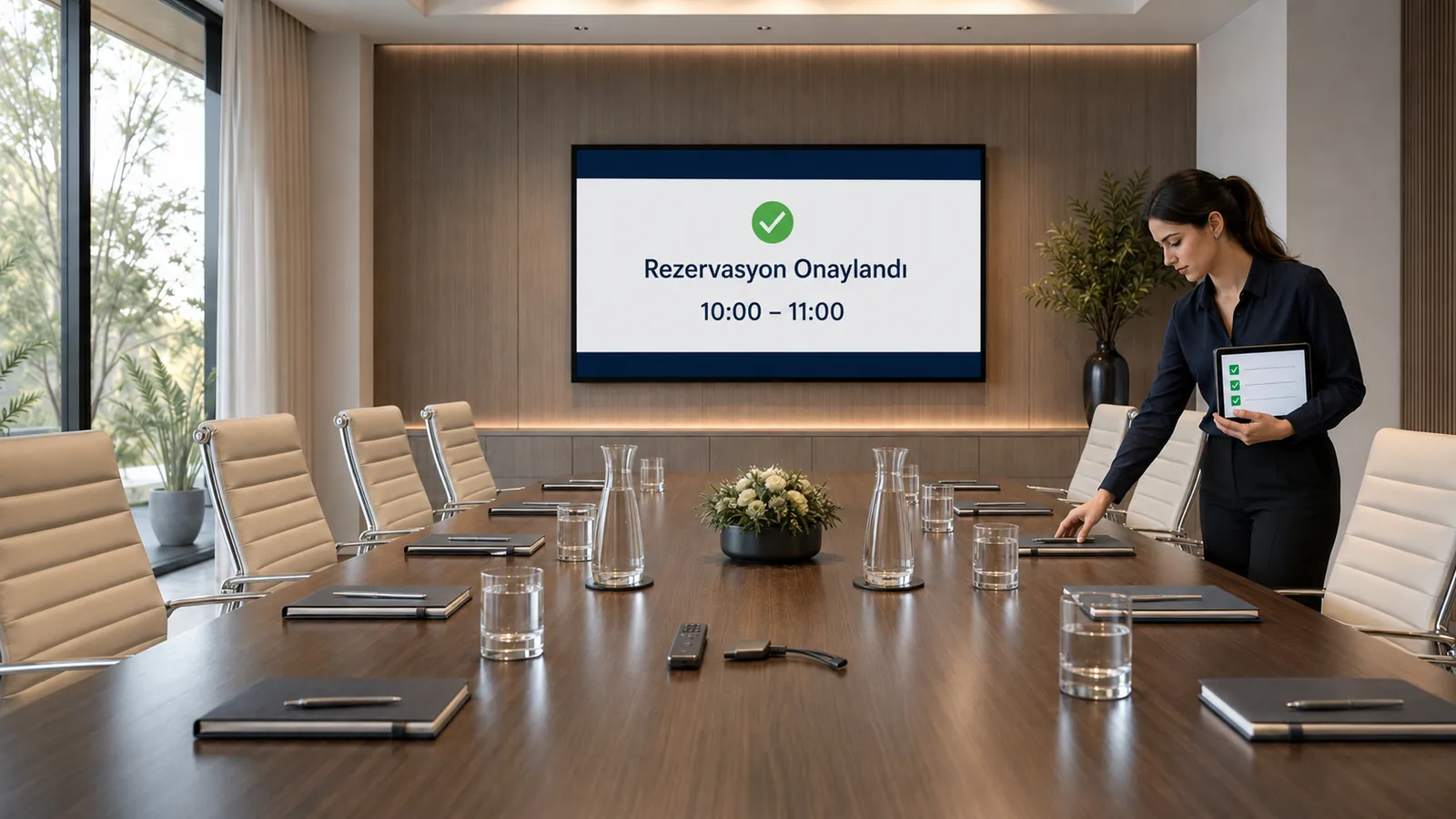 Rezervasyonu onaylanan toplantı odasında hazırlık kontrolü yapan kadın görevli