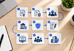 Şirket kurduktan sonra yapılması gereken dokuz adımı simgeleyen vergi, banka, SGK, e-fatura ve ofis süreci görseli