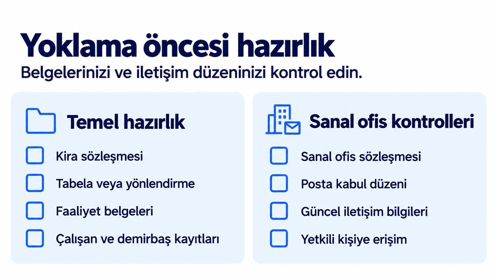 Vergi dairesi yoklaması öncesinde hazırlanacak belgeleri ve sanal ofis kontrollerini gösteren kontrol listesi