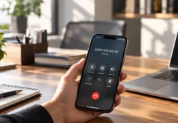 Modern bir ofiste, ekranında 0850 ile başlayan bir telefon numarası bulunan akıllı telefonu tutan kişi.