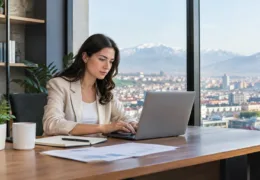 Bursa sanal ofis fiyatları 2026 araştırmasını temsil eden, Bursa ve Uludağ manzaralı modern ofiste çalışan profesyonel