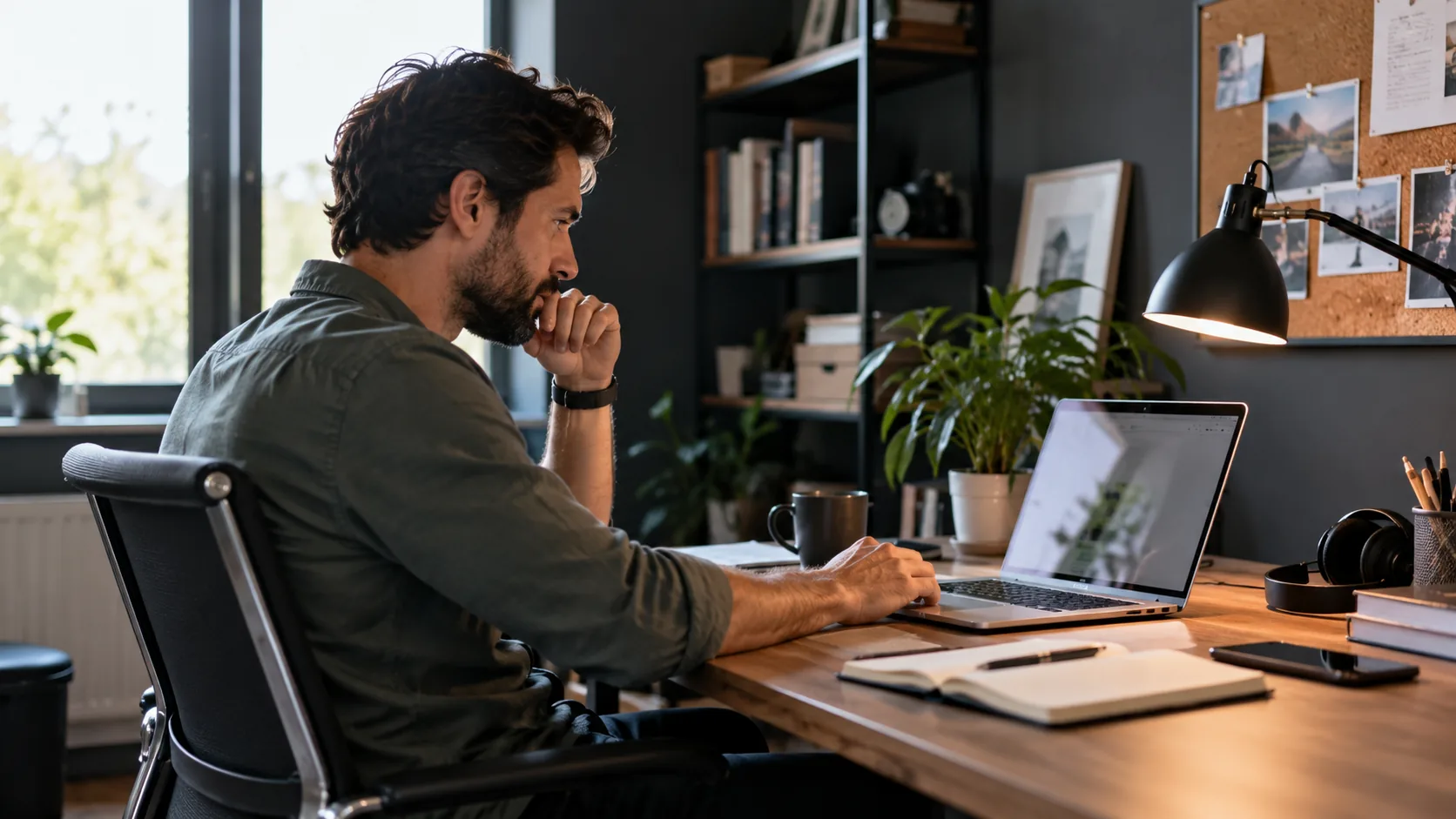 Pencere kenarındaki home office çalışma alanında dizüstü bilgisayarıyla çalışan bir erkek