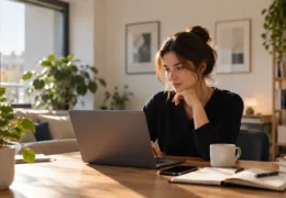 Gün ışığı alan home office çalışma alanında dizüstü bilgisayarıyla çalışan kadın