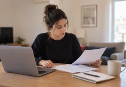 Evindeki masada dizüstü bilgisayarı ve belgelerle çalışan, home office şirket kurmaya hazırlanan kadın