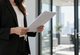 Şirket kuruluşunda kira sözleşmesi evraklarını ve ofis anahtarını tutan kadın